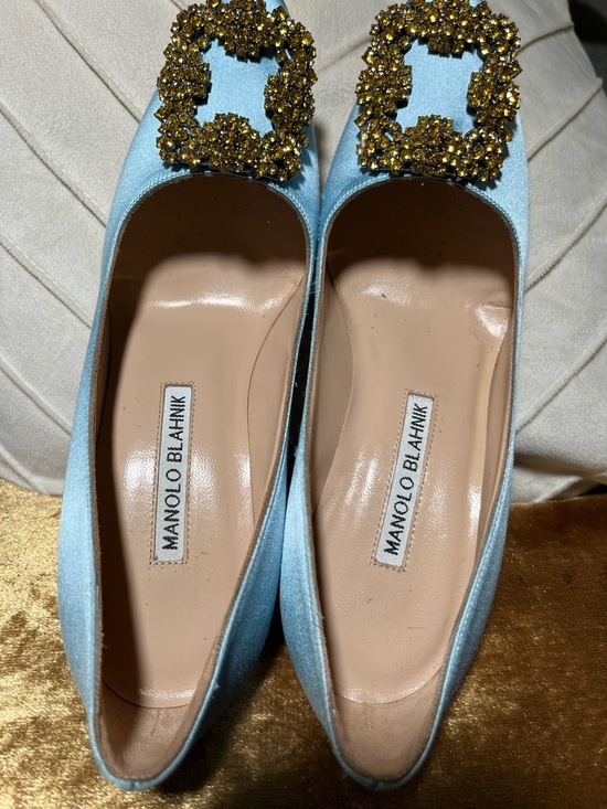 Manolo Blahnik Light Blue Satin Pumps with Gold Crystal Buckle - Picture 2 of 3